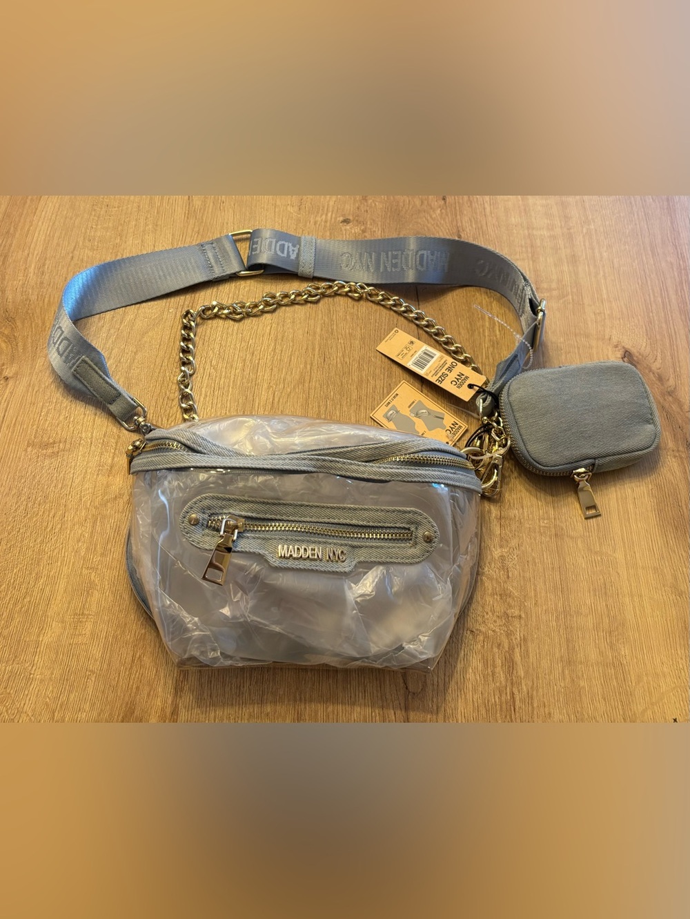 BRAND NEW! Madden Girl Clear Crossbody Belt Bag w Baby Blue & Gold Hardware